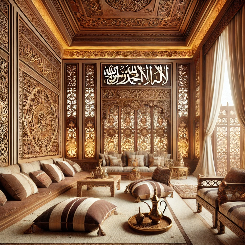 A detailed visualization of Traditional Saudi decor. The scene features earthy tones like brown